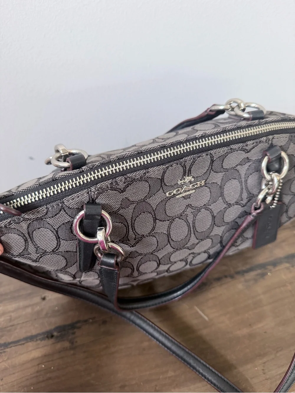 Coach Gray Signature Canvas Kelsey Satchel Bag with Black Leather Trim and Strap